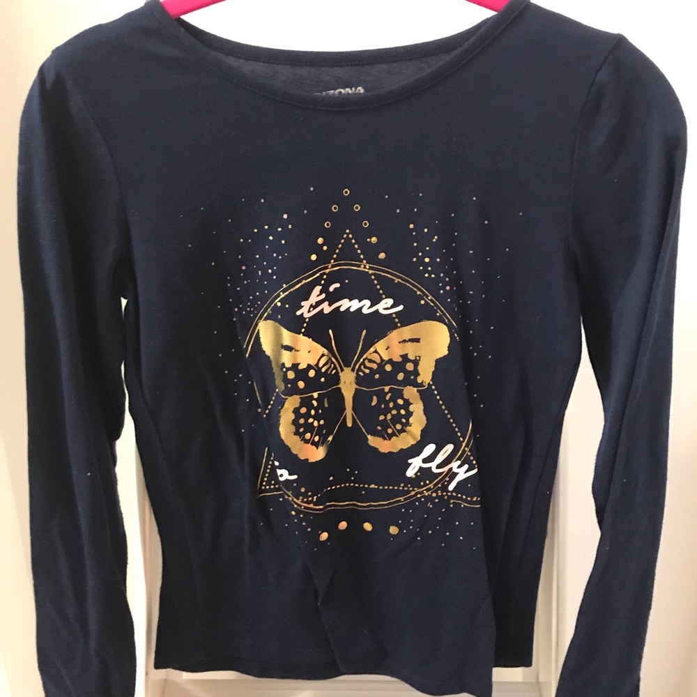 Navy blue long sleeved shirt with gold designs